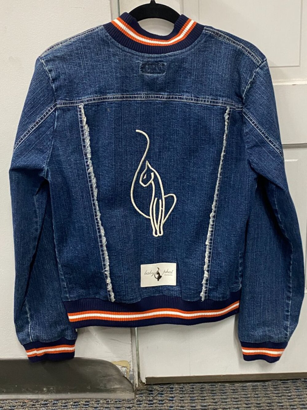 Baby Phat Jacket Varsity Bomber Jean Denim Snap Rib Knit Stripes Size L
